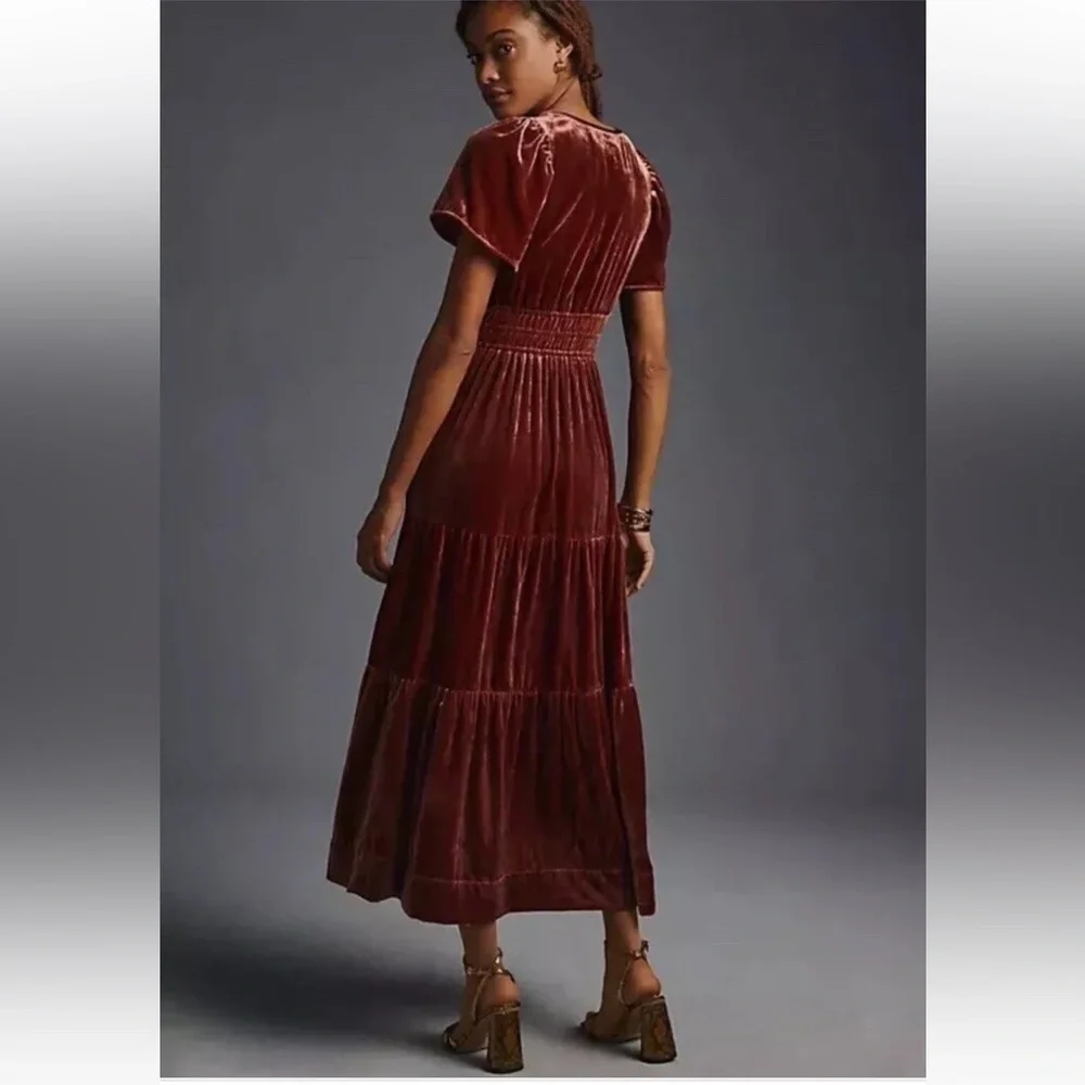 Anthropologie Velvet Maxi Dress in Deep Rust/Raspberry color small petite - Picture 3 of 10